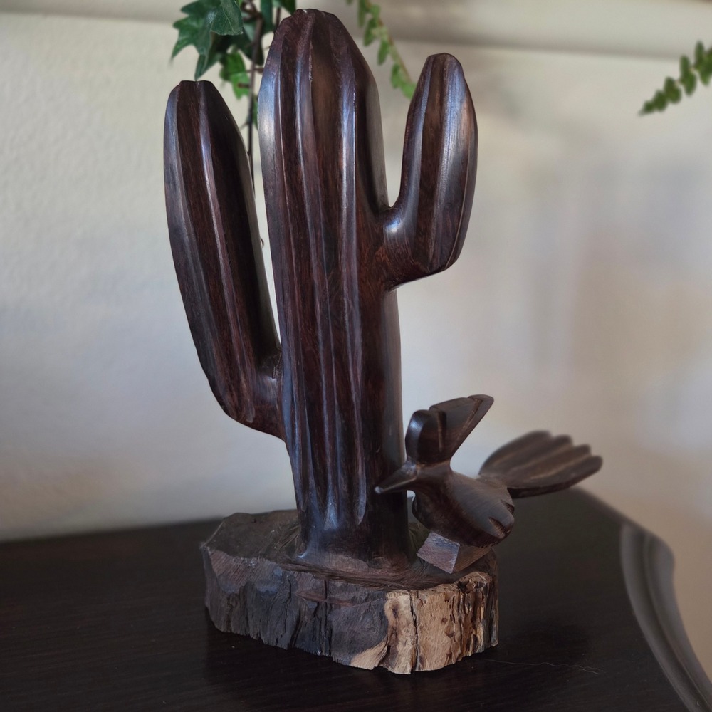 Vintage Hand Carved Ironwood Roadrunner Saguaro Cactus Sculpture Brown Medium